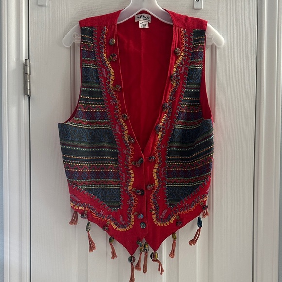 InStyle Jackets & Blazers - Vintage Colorful Embroidered Red Vest Beaded   Artsy Boho Festival Maximalism L